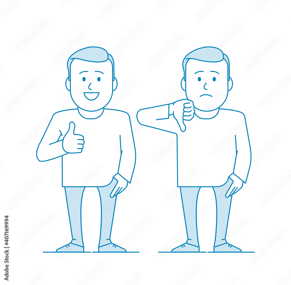 Character - a young man. Like and dislike. For better or worse, approval and condemnation. Manager or office worker. Illustration in line art style. Vector