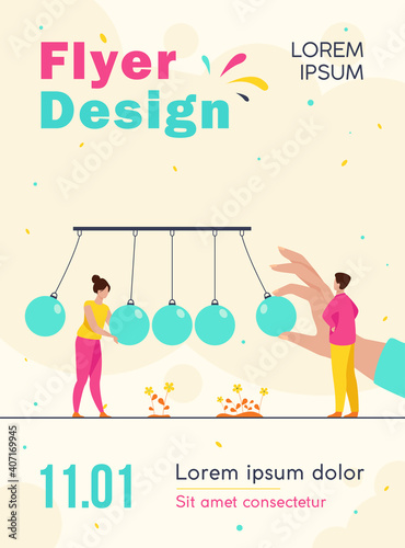 Tiny people standing near pendulum isolated flat vector illustration. Metaphor of motivation positive impact and work for success. Inertia force, rhythm and momentum concept