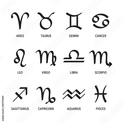 Zodiac sign. Astrological symbols of the twelve zodiacal constellations isolated on white background. Vector illustration