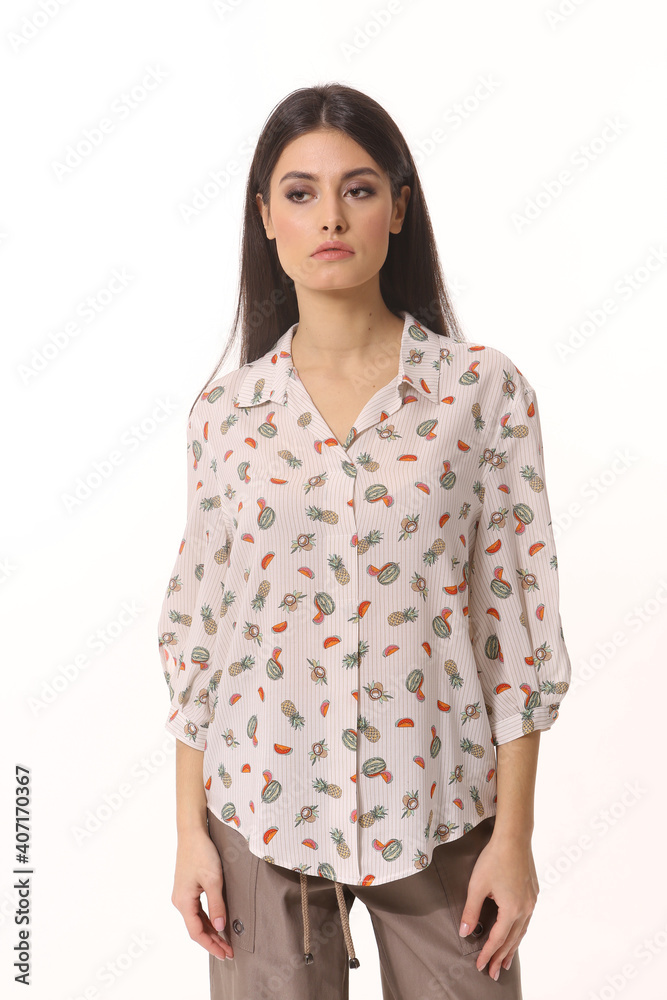 Indian business woman executive in summer printed short sleeve blouse Indian business woman executive in summer printed short sleeve blouse