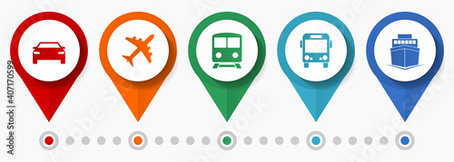 Transportation vector icon set, flat design pointers, infographic template.