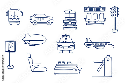 transportation doodle sketch style icon set. isolated on white background simple ink hand drawn Vector illustration