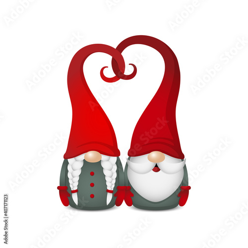 two scandinavian gnomes with red hats in heart shape, cute nordic tomte couple, stock vector illustration character clip art isolated on white background for card, banner, poster design