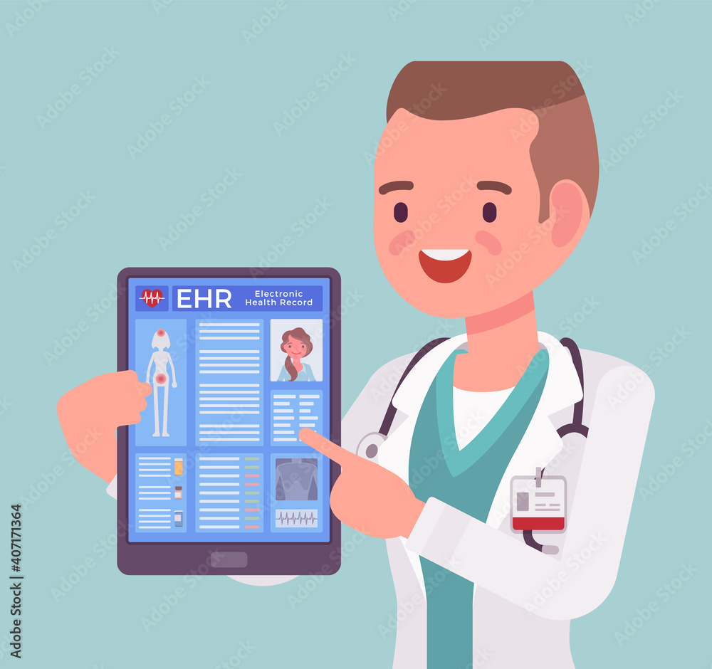 Electronic health record, EHR digital patient tablet chart, male doctor. Young man holding device with clinical data, medical and treatment history application. Vector flat style cartoon illustration Electronic health record, EHR digital patient tablet chart, male doctor. Young man holding device with clinical data, medical and treatment history application. Vector flat style cartoon illustration
