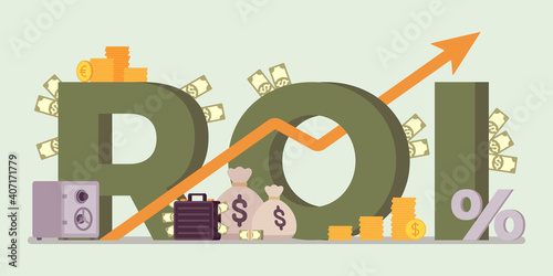Return on Investment, ROI investors, businesses symbol. Ratio of profit giant letters, generating income, financial capital, gain of money growing success arrow. Vector flat style cartoon illustration