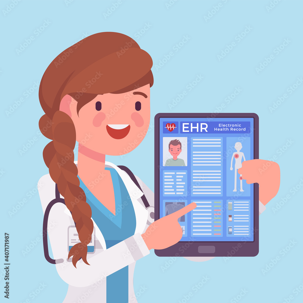 Electronic health record, EHR digital patient tablet chart, female doctor. Young woman holding device with clinical data, medical treatment history application. Vector flat style cartoon illustration Electronic health record, EHR digital patient tablet chart, female doctor. Young woman holding device with clinical data, medical treatment history application. Vector flat style cartoon illustration