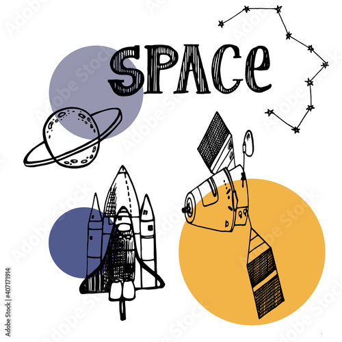 Doodle space illustration handmade blank greeting card day of cosmonautics planet inscription space ships rocket
