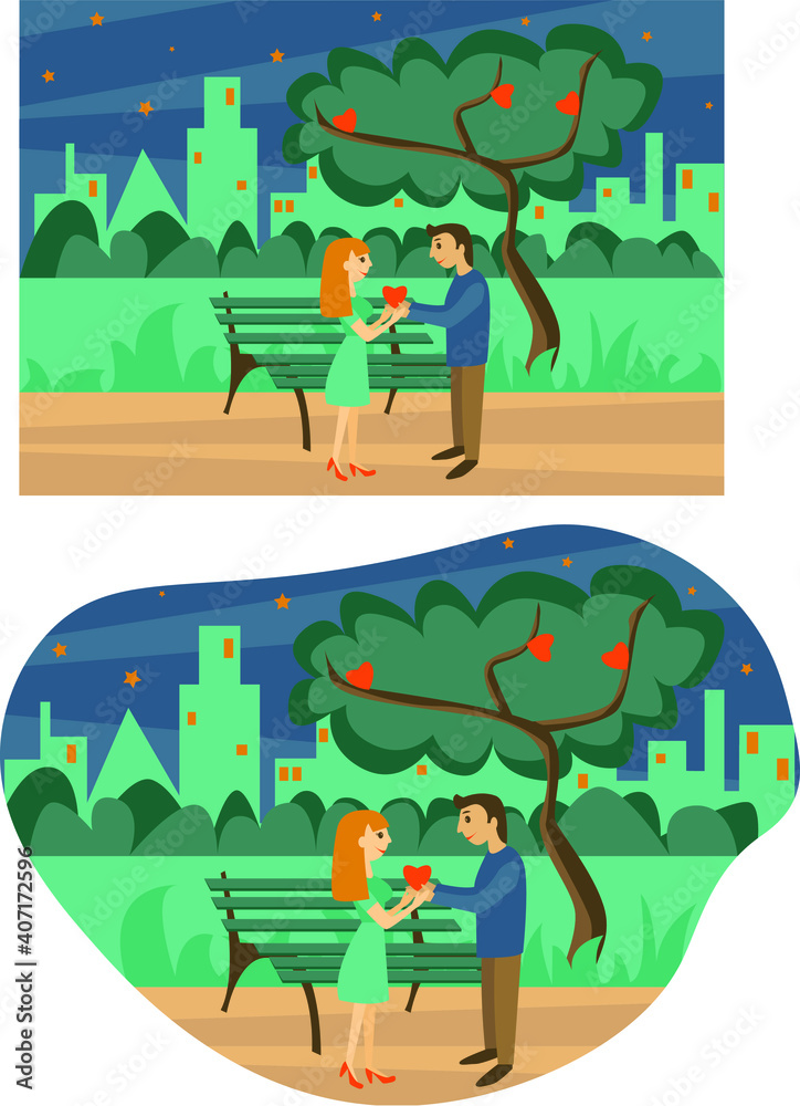 Set of Valentin’s day greeting cards with couple in night city park