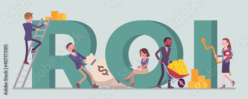 Return on Investment, ROI gaining, profit from an activity. Young happy business people among giant letters, profitability ratio for financial income statement. Vector flat style cartoon illustration
