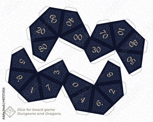 Vector paper cut model of 10 sided dice for board games. White background.