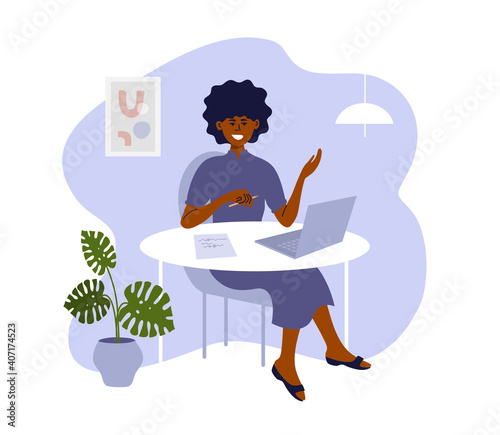 African american woman sitting at table working, studying using laptop. Black female talking making video call. Freelance, networking. Job interview, online employment. Home office vector illustration