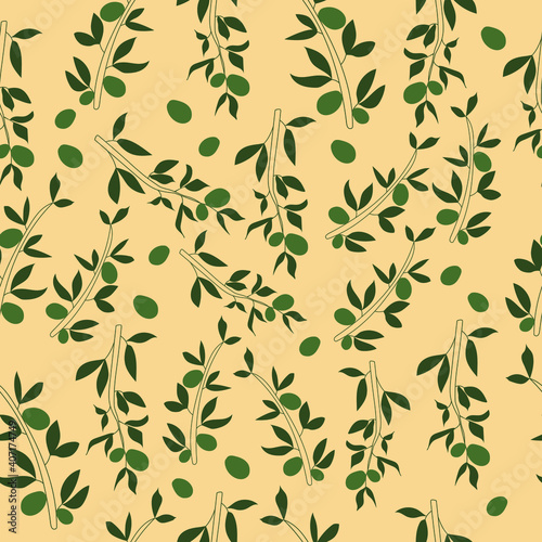 Vector seamless pattern with hand drawn olive branches and leaves. Olive tree. Vintage olive background. Trendy boho colors. Background design for olive oil, natural cosmetics, print.