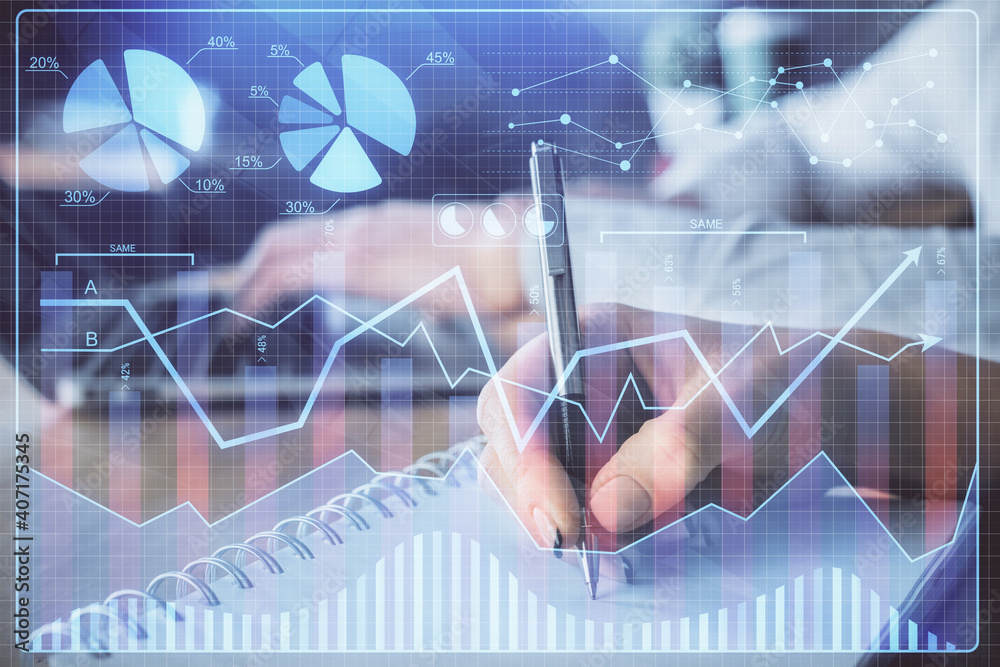 Double exposure of forex chart drawing over people taking notes background. Concept of financial analysis Double exposure of forex chart drawing over people taking notes background. Concept of financial analysis