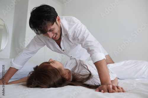 Romantic couple in the bedroom and living room With activities in the afternoon on a sweet holiday