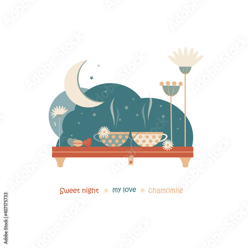 Vector flat illustration with two cups with chamomile tea, with flowers, cookies, hearts on a blue sky background with stars and moon. For Valentine's Day, tea labels and other designs.