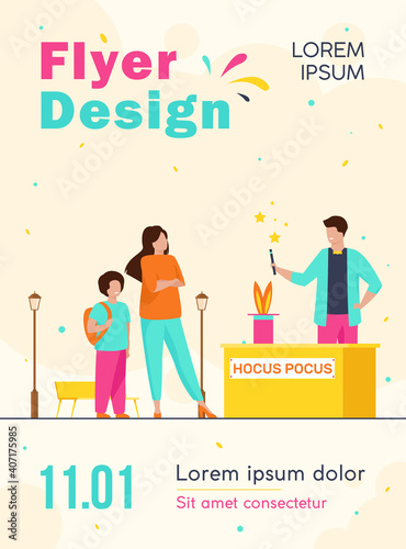 Mom and son walking in amusement park. Magician with rabbit in hat working outside flat vector illustration. Entertainment, fair, festival concept for banner, website design or landing web page