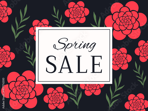 Style spring sale banner with peonies flowers and leaves drawn on dark background. Design for promotions, magazines, advertising, web sites, poster. Vector illustration.