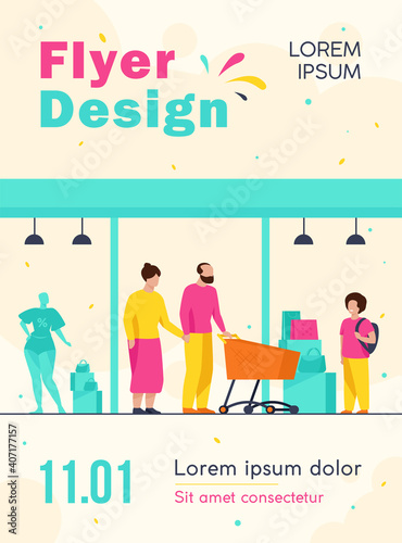 Senior couple and kid shopping in mall. Boy, grandparents, cart, store window flat vector illustration. Commerce, family, generation concept for banner, website design or landing web page