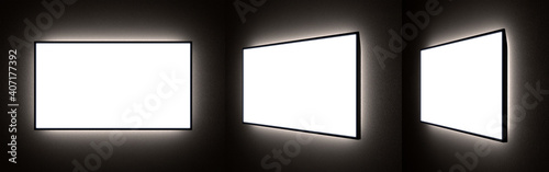 Set of Different Viewing Angles of Blank TV or Ad Screens with Backlight in the Dark on the Wall. 3D Rendering of LCD or LED Flat Panel Monitors.