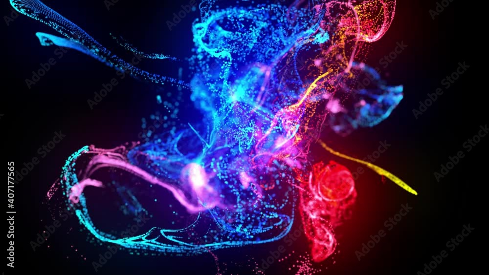 injection of fluorescent ink in water in 4k. 3d render of glow particles in ink flow. Interaction of two colliding flows. Luma matte as alpha channel. Shiny ink effect advection. 11