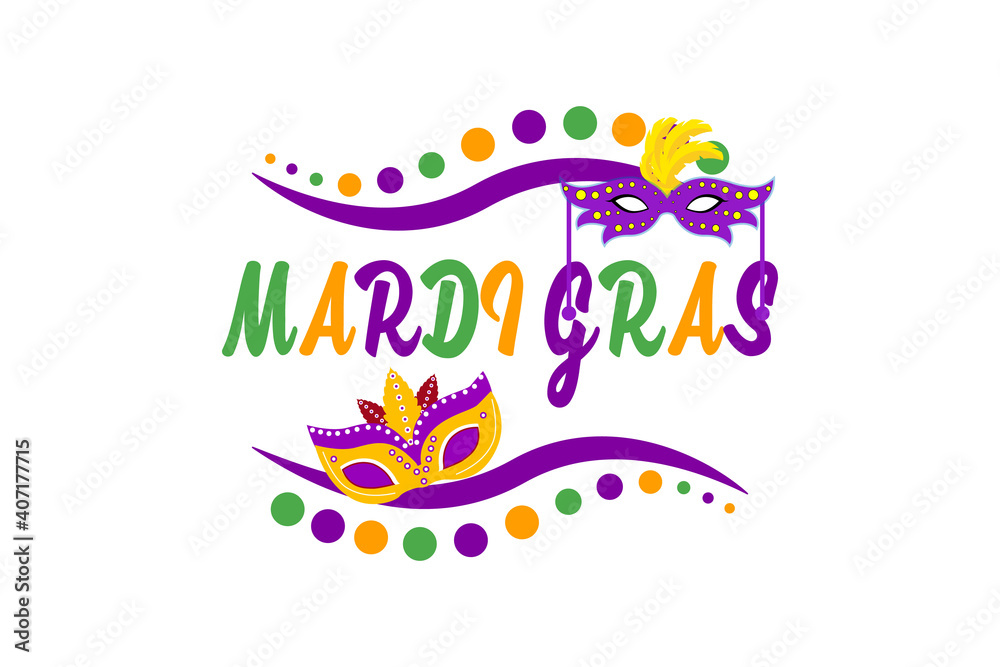 mardi gras carnival party design with cartoon colorful mask with feathers . Fat tuesday, carnival, festival. Vector isolated on white background. For greeting card, banner, gift packaging, poster. 
