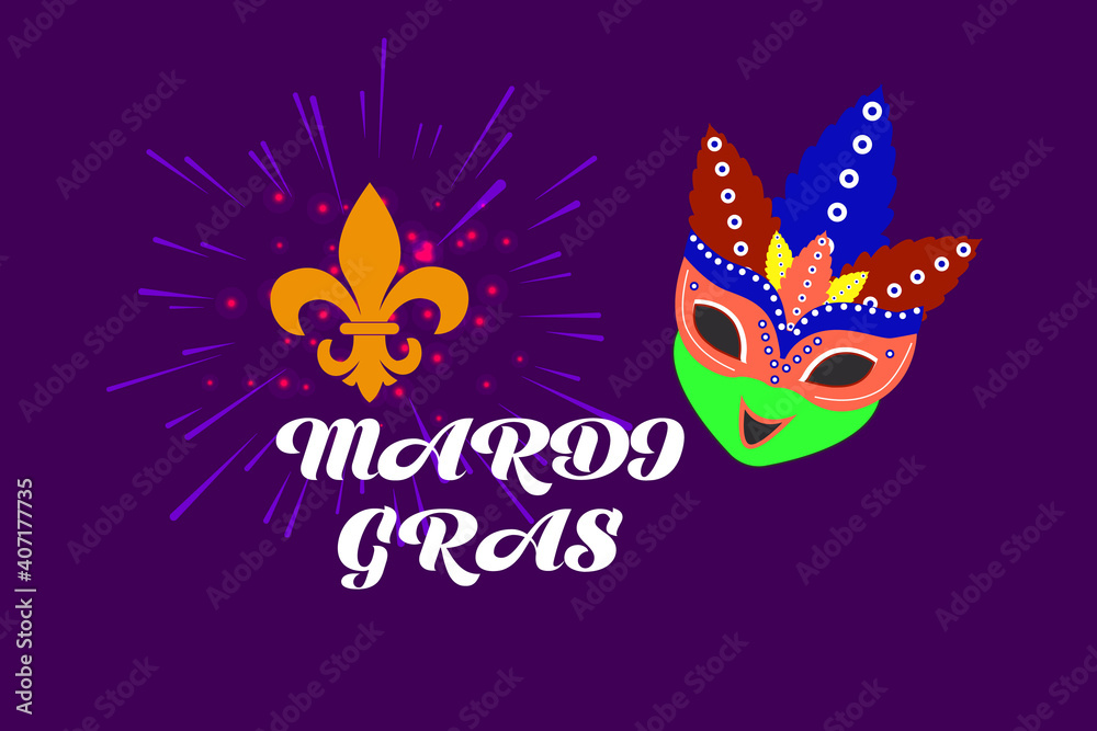 mardi gras carnival party design with cartoon colorful mask . Fleur-de-Lis lily symbol for masquerade carnival. american new orleans fat tuesday celebration poster greeting card. australian mardi gras