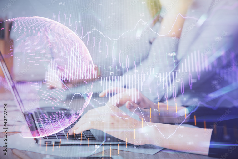 Multi exposure of woman hands typing on computer and financial chart hologram drawing. Stock market analysis concept. Multi exposure of woman hands typing on computer and financial chart hologram drawing. Stock market analysis concept.