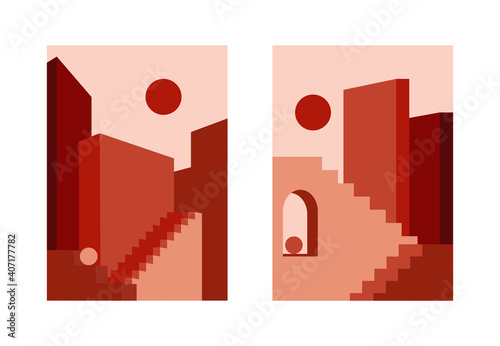 Abstract cityscape posters. Mid century architecture card set contemporary minimal design, boho wall decor. Vector geometric art