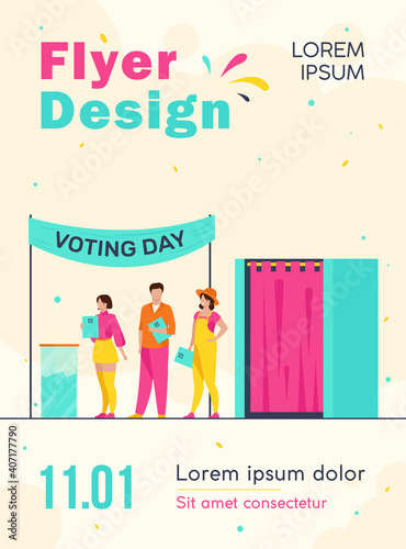 Queue of people with paper at ballot boxes. Voting day, electorate, poll flat vector illustration. Election campaign, politics, choice concept for banner, website design or landing web page