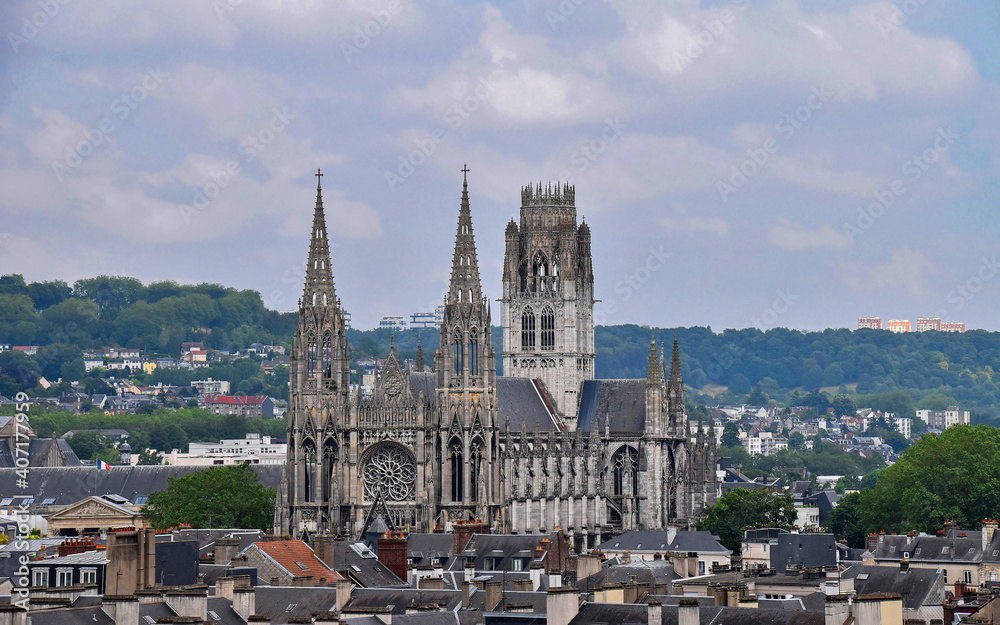 Beautiful Gothic cathedral Abbatiale Saint-Ouen and gray roofs in  Rouen, France