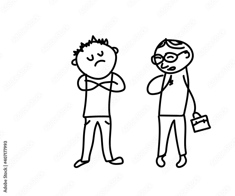 Two men are talking on a white background. Proud and humble. Sketch. Vector illustration.