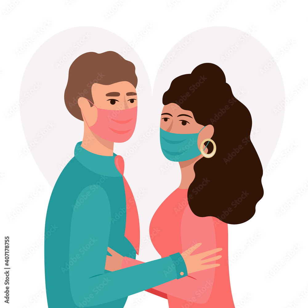Couple in masks are hugging. Couple keep distance. Woman and man are trying to kiss. Vector illustration.