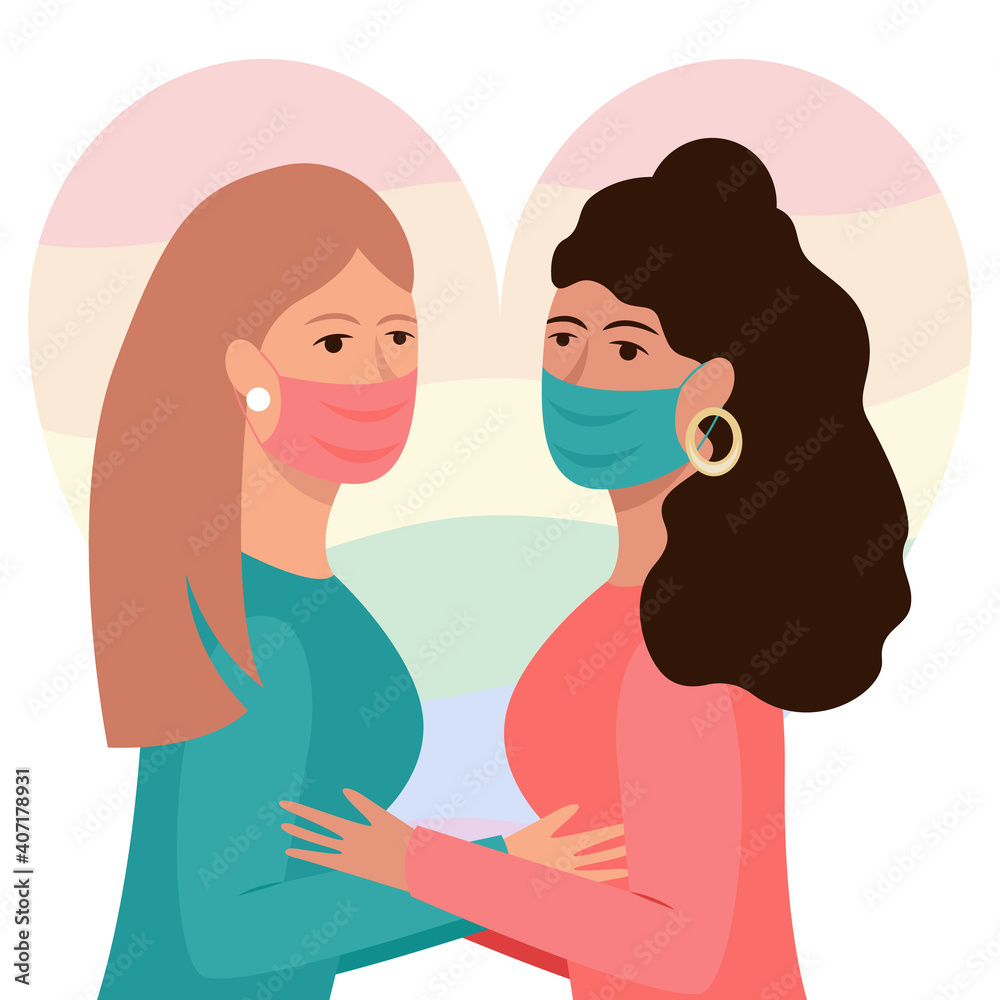 Couple in masks are hugging. Couple keep distance. Woman and woman are trying to kiss. LGBT love. Vector illustration.