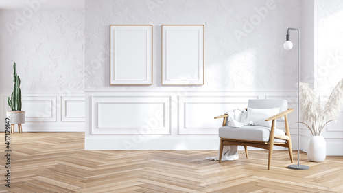 White armchair with on wood flooring and white wall,minimalist interior of living room, frame mockup,3d rendering