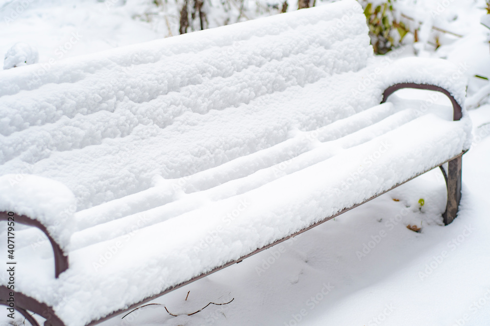 custom made wallpaper toronto digitalAn empty, snow-covered bench in a winter park.