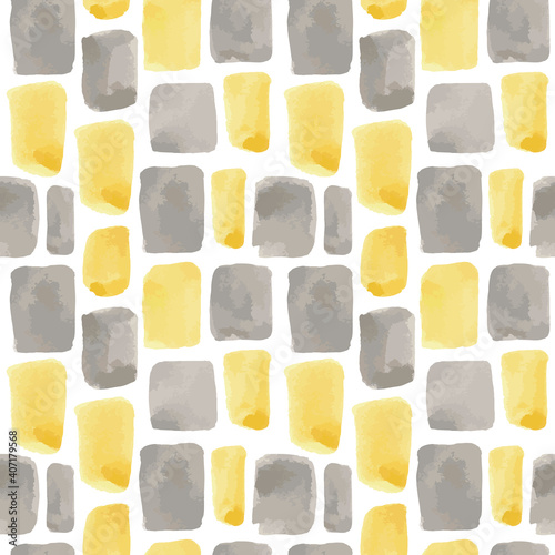 Vector illustration: seamless pattern of yellow and gray watercolor paint strokes and rectangles on white background
