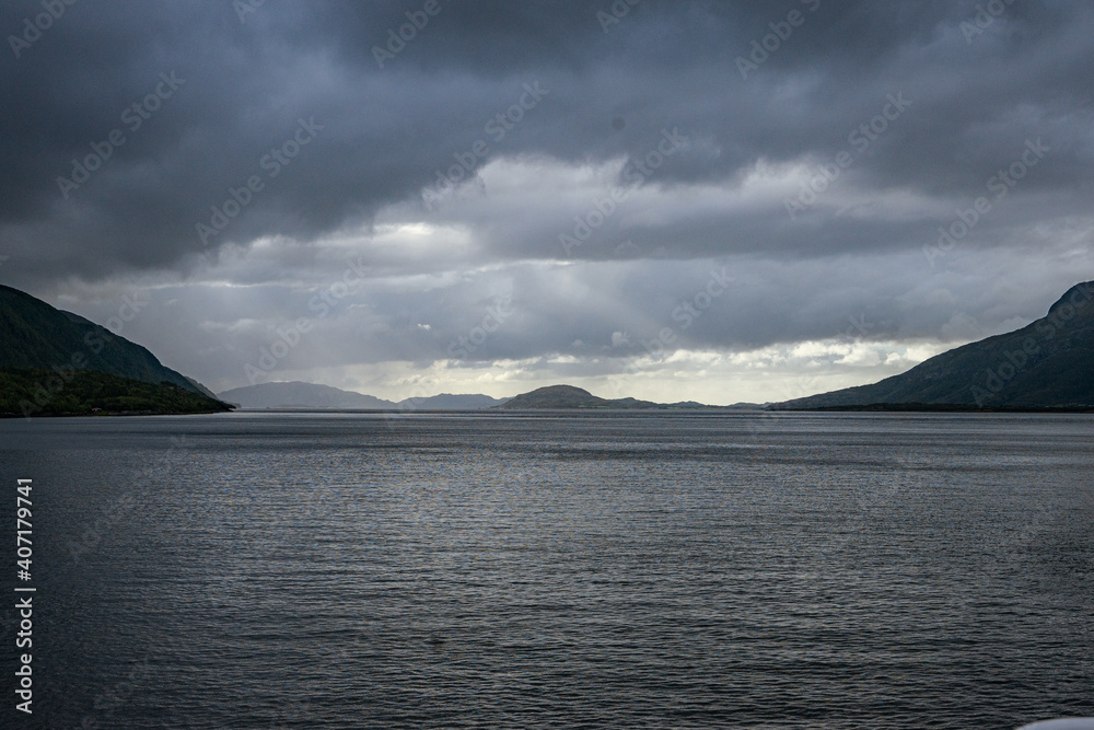 Rainy weather over a fjord in Norway