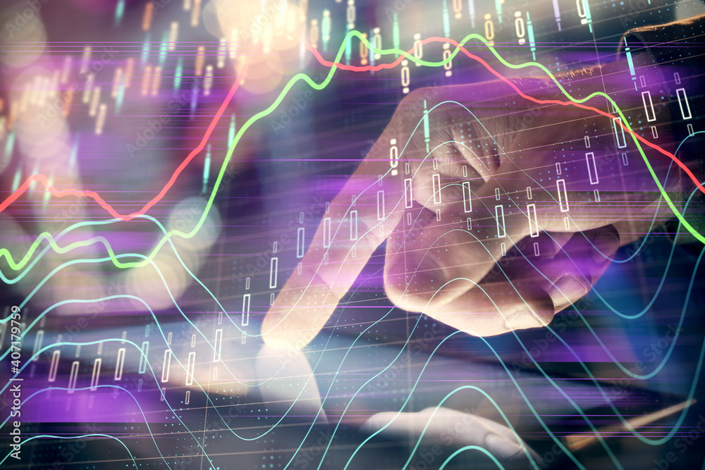 Obraz premium Multi exposure of man's hands holding and using a phone and financial chart drawing. Market analysis concept.