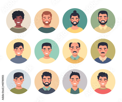 Collection of male avatars portraits in a round icon, communication, people, web, feedback, chat. Vector illustration in a flat style.