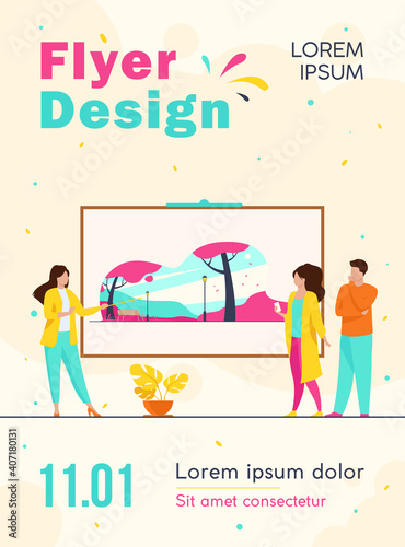 Gallery visitors looking at artwork. Museum guide telling about picture flat vector illustration. Art gallery, culture, exhibition concept for banner, website design or landing web page