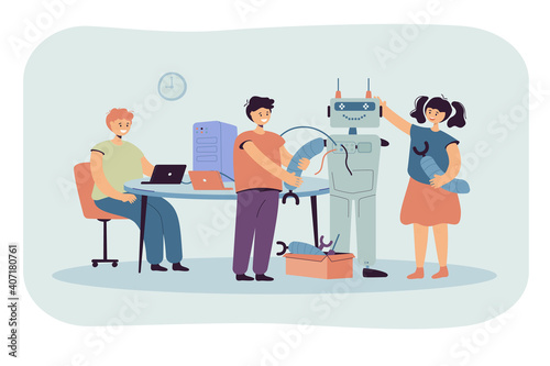 Happy children making robot for school project flat vector illustration. Cartoon students learning robotics with teacher. Engineering technology and education concept