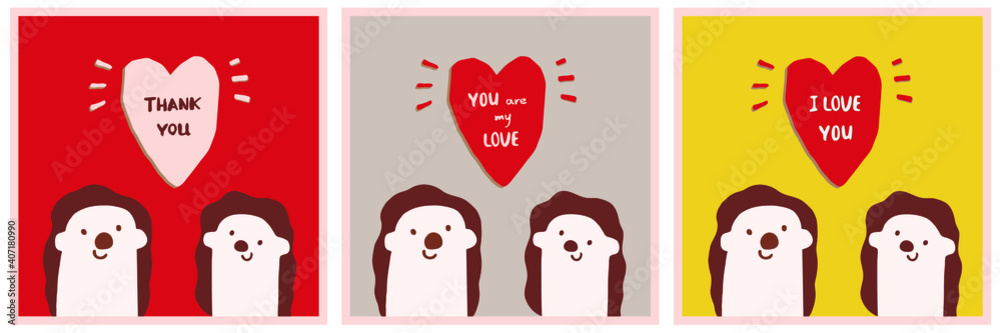 Set of cards, hedgehogs in love, cute animals with hearts, hand lettering. Collection of vector hand drawn flat gentle pastel bright retro illustrations. Cute cartoon characters. Isolated. Valentine Set of cards, hedgehogs in love, cute animals with hearts, hand lettering. Collection of vector hand drawn flat gentle pastel bright retro illustrations. Cute cartoon characters. Isolated. Valentine