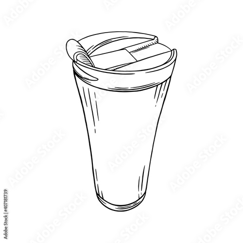 Reusable coffee cup. Eco cup for coffee to go isolated in white background. Black and white sketch vector illustration