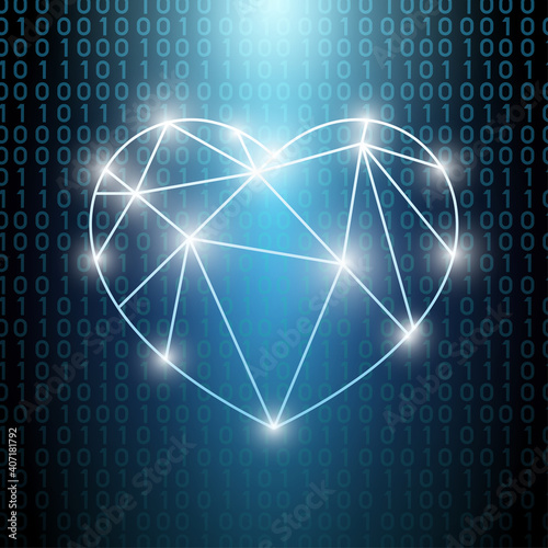 Digital love heart on blue futuristic background.