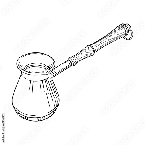 Turkish coffee pot sketch. Side view of cezve pot with arabic coffee isolated in white background. Black and white engraved vector illustration