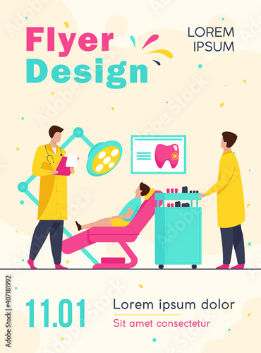 Dentist examining boy in dental chair. Doctor, tooth, visit flat vector illustration. Stomatology and dentistry concept for banner, website design or landing web page