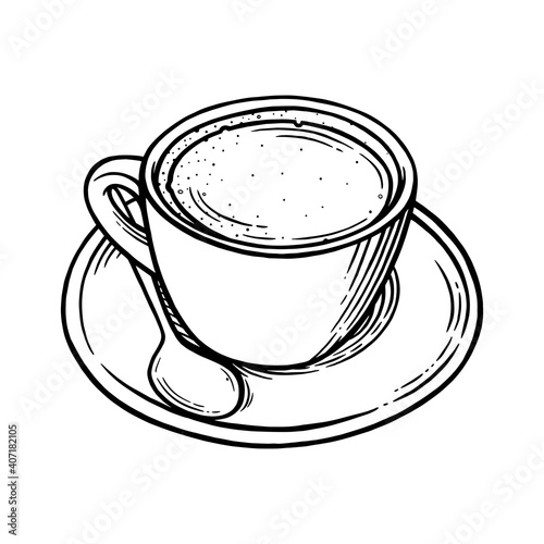 Coffee cup with americano. Cup, spoon and saucer set for hot coffee. Black and white engraved vector ilustration