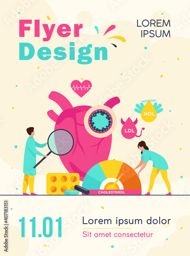 Heart disease risk concept. Medical examination of heart with high cholesterol, blood pressure and cardiovascular system problems. Flat vector illustration for medicine, health care, treatment concept