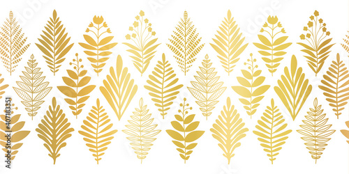 Floral border gold foil seamless. Repeating vector pattern horizontal metallic golden leaves and flowers on white in geometric rhombus shapes. Modern elegant faux metallic design for invite, wedding.