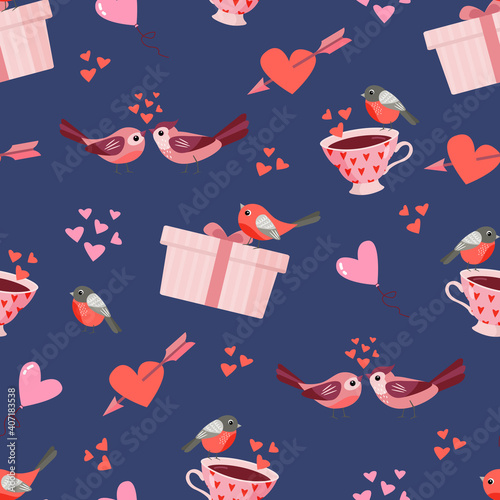 Enamored birds, hearts and gifts. Endless textures for your design. Flat style.	